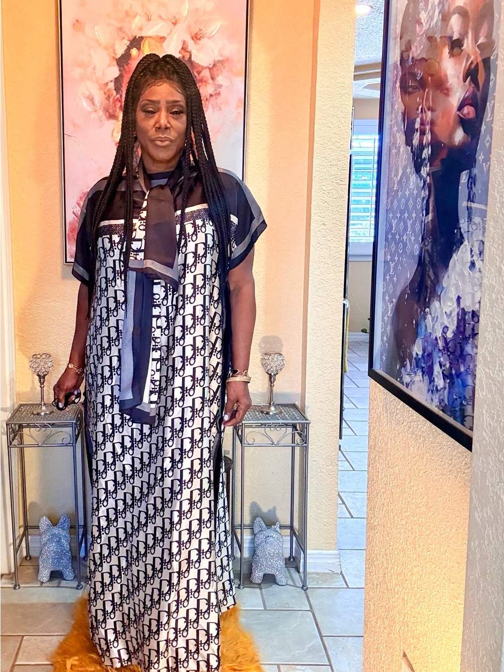 Black & White Logo-Print Maxi Dress with Scarf